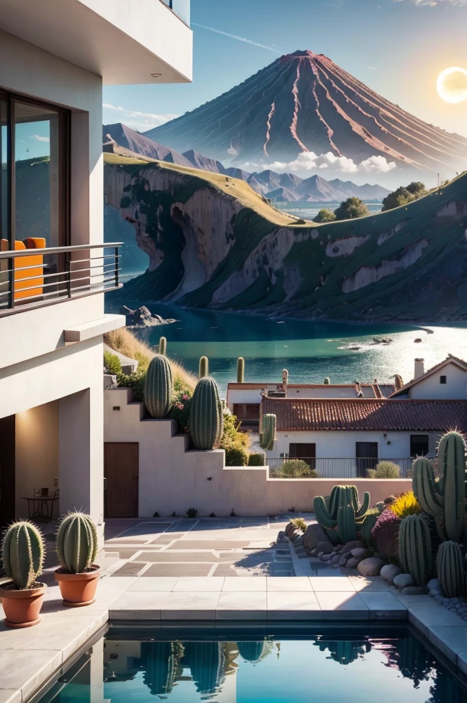 Multiple houses, brutalism style, Luis Barragán, Mountains in background, river, pool, terraces, stairs, garden terraces, trees, beautiful clouds, moon, sun, detailed, cacti, boulders, volcanic rocks, fuggy, river, lake, Violet, orange, olive green, blue, magenta, amazing volcano in horizont, beautiful garden design