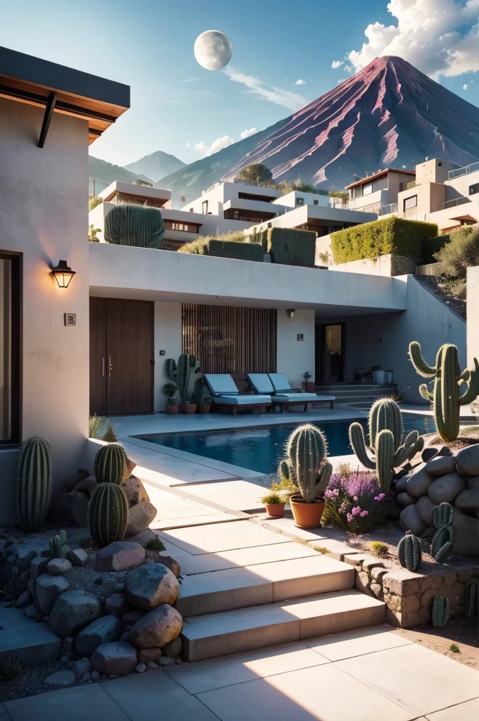 Multiple houses, brutalism style, Luis Barragán, Mountains in background, river, pool, terraces, stairs, garden terraces, trees, beautiful clouds, moon, sun, detailed, cacti, boulders, volcanic rocks, fuggy, river, lake, Violet, orange, olive green, blue, magenta, amazing volcano in horizont, beautiful garden design
