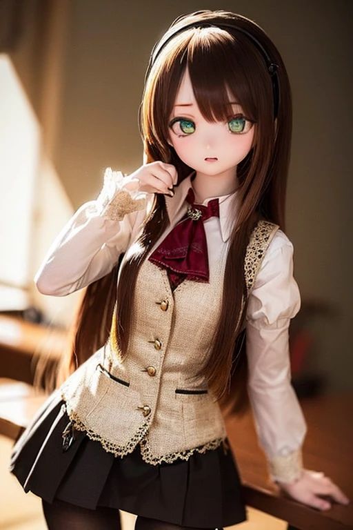 (SFW:2), photorealistic, realistic photo, 8k, ((highest quality)), ((masterpiece)), (extremely detailed), kukolnydom, doll, (mature woman, 21yo, 21 years old, solo:1.6), (cowboy shot, standing, slim, slender, skinny, medium breasts, hairband, ascot, vest, shirt, puffy sleeves, pleated skirt, black pantyhose, green eyes, brown hair, long hair, plastic skin, looking at another, glass eyes, gradient eyes, shining eyes, detailed eyes:1.3)