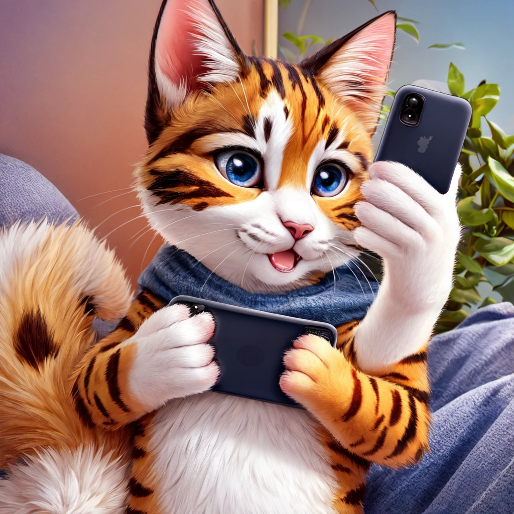 What a lovely scene! I imagine a small kitten, with delicate paws, curiously holding a cell phone. Maybe he's trying to take a selfie or exploring apps. If you want to see more cute kitten images, check out Pexels or Pixabay. These sites have an amazing collection of kitten and cat photos!