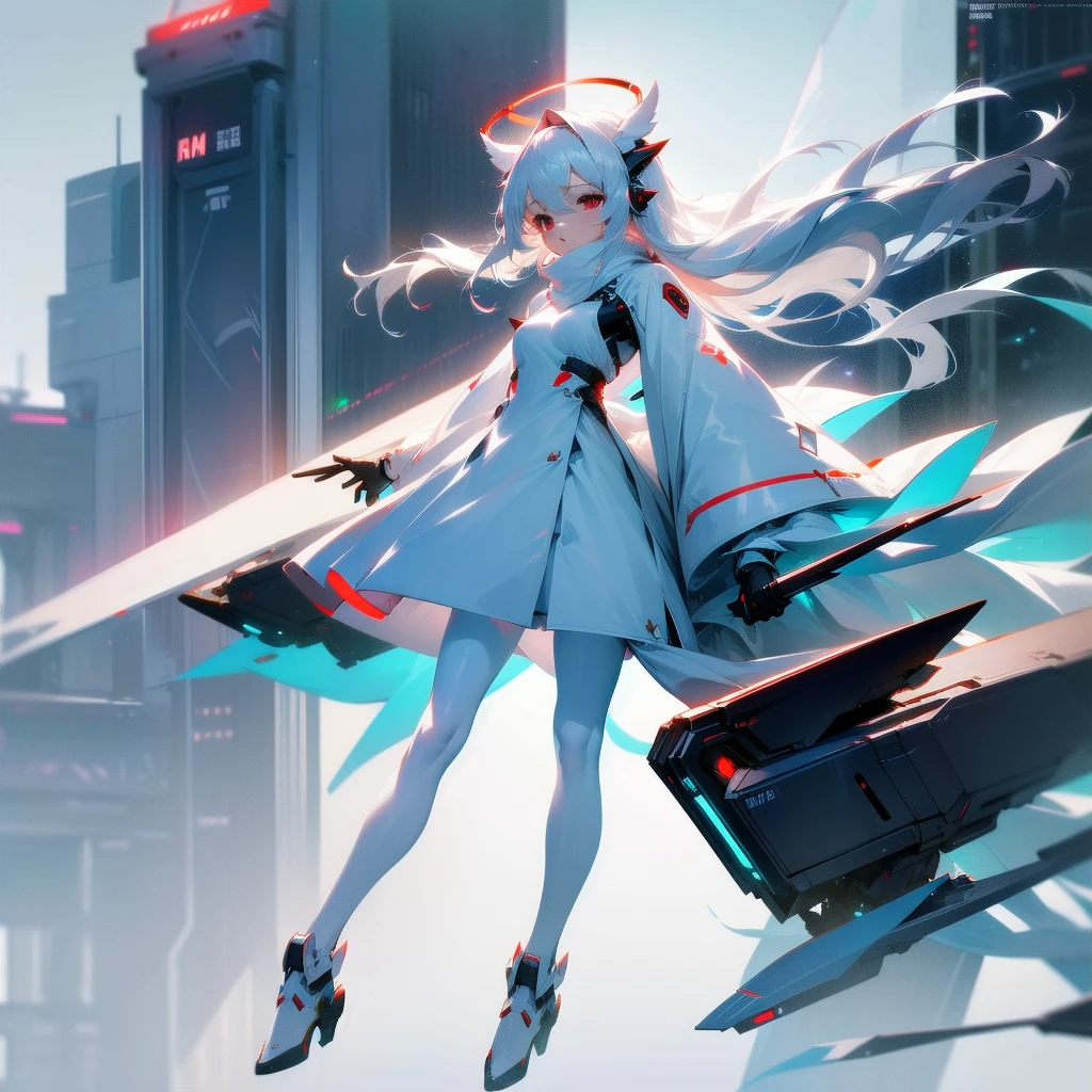 masterpiece, highest quality, highest resolution, clear_image, detailed details, white hair, long hair, 1 girl, car ears, red eyes, futuristic wings, futuristic halo, white sci fi mecha dress, white scarf (around the neck withn a light blue glow), white pantyhose, full body, no water marks, city