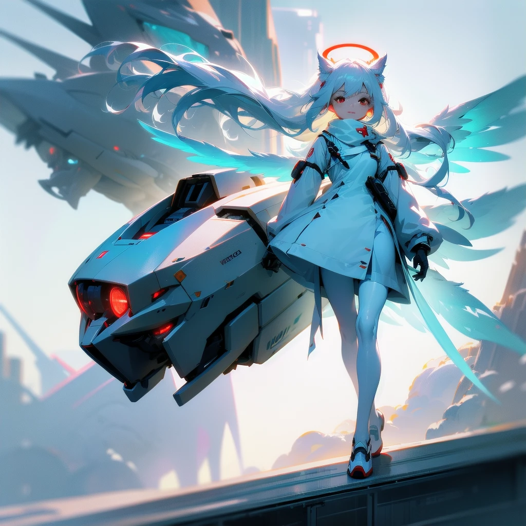 masterpiece, highest quality, highest resolution, clear_image, detailed details, white hair, long hair, 1 girl, car ears, red eyes, futuristic wings, futuristic halo, white sci fi mecha dress, white scarf (around the neck withn a light blue glow), white pantyhose, full body, no water marks, city