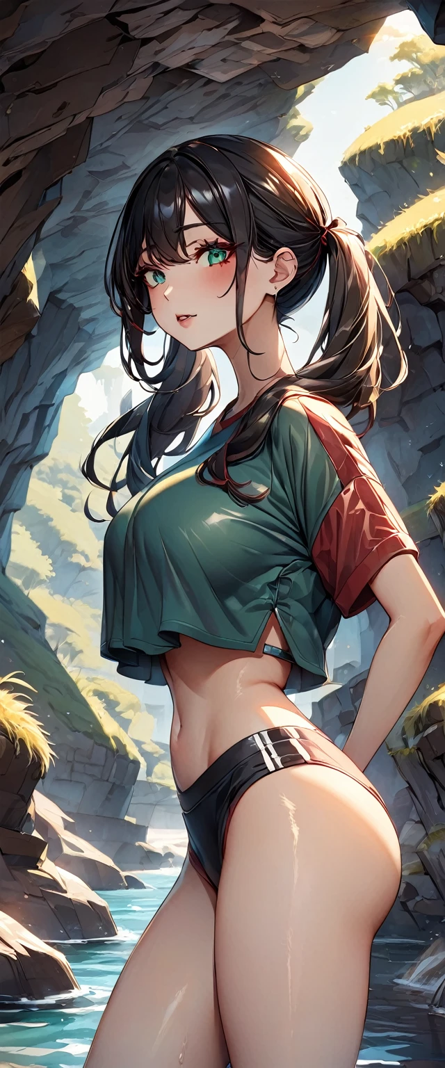 Photo of a woman with natural skin, Upper Body, Seaside cave, The light is shining in, High Twintails, Black hair with red mesh, Sharp eyes with red eyeshadow, Blue-green eyes, Shining eyes, A thin, upturned nose, Well-shaped lips, Big Breasts, ((crop top overhang, Thighs)), Makeup, Exquisitely crafted with the utmost attention to detail, Vibrant, amazing, Smooth, Cinematic, 4K, Backlight, (()), Shallow depth of field, ((Detailed eyes:1.3, Detailed lips:1.3, high quality, )), masterpiece, Super detailed images, High quality