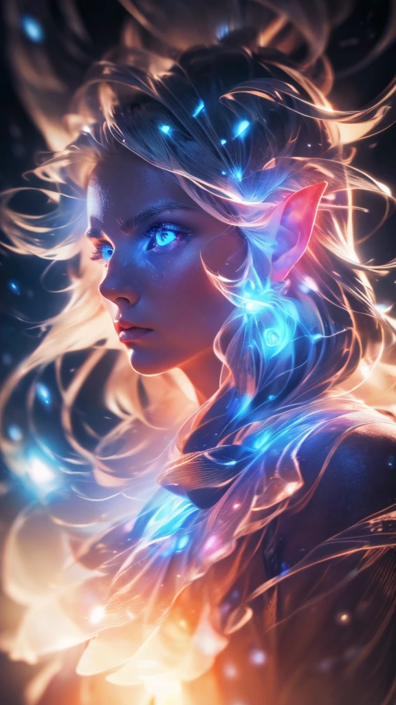 (((8k))), (((High resolution))),((Highest quality)),Beautiful Elf,Upper body only,Close-up of face,Blue eyes, white face,battle mode, red aura swirling around the body,fog,mystic atmosphere,Serious face,Ultra-realistic,8k,Ultra-fine,Super detailed