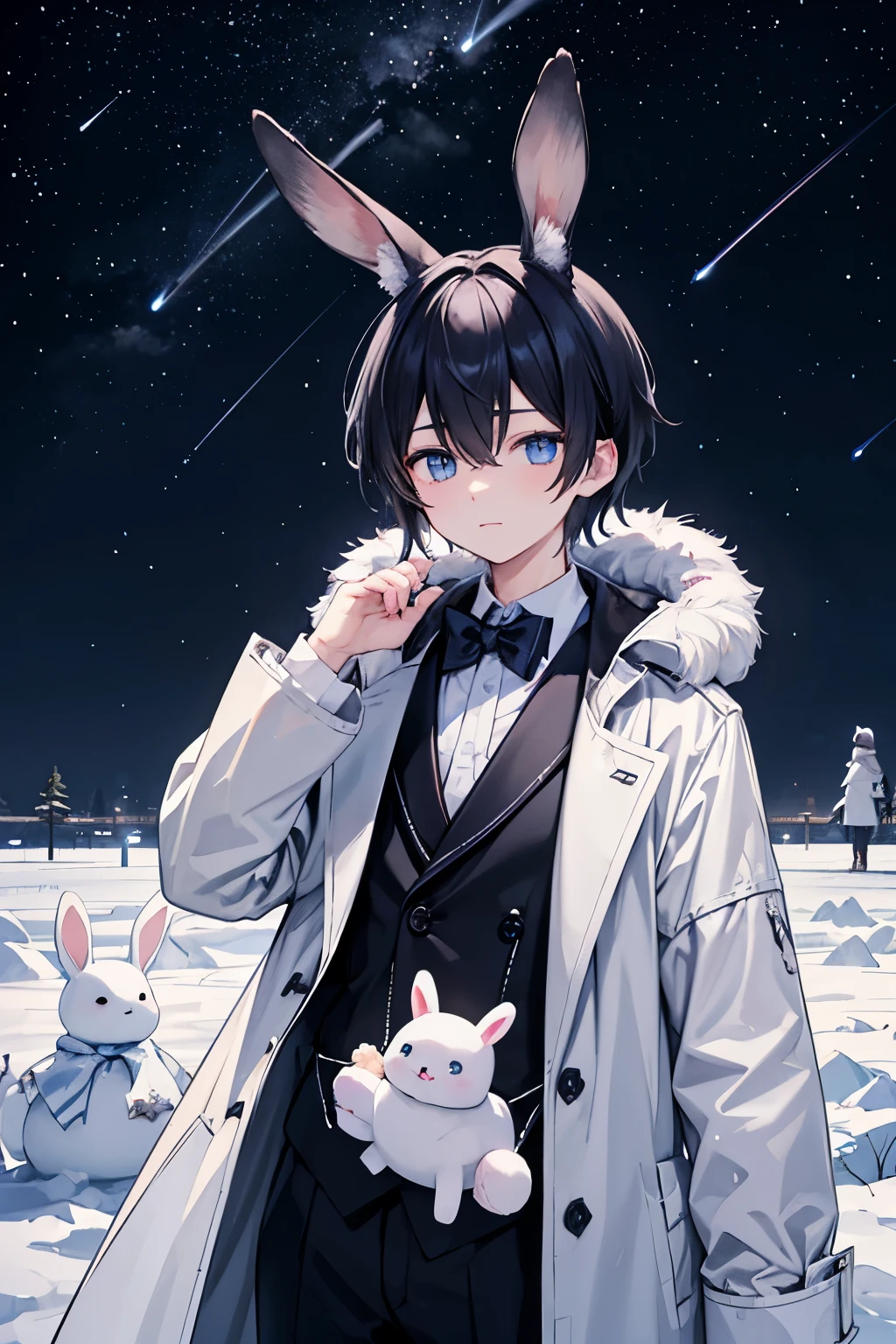 1 adult male: a handsome man with rabbit ears, black hair that goes down to the neck, and blue eyes、 (work of art)、(highest quallity)、(super verbose)、place、、offcial art、、20 years old、hanging eyes、umirk、White shirt with high collar、trench coat、tissue、detailedeyes、Delicate expression、、starry sky、winter、snow scene、Snow Crystal、Rabbits are gathering.