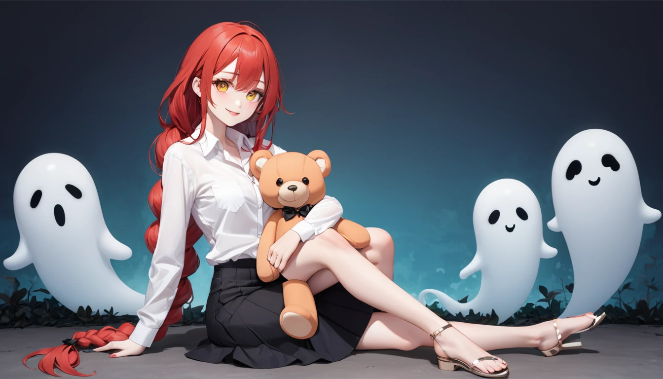 hand, hand, long hair, รอยsmile, smooth, small breasts, (yellow eyes:1.2), long hair, red hair, braided ponytail, big eyes,นั่วHug a teddy bear,sexy,full body,Sitting position,Hug a teddy bear,smile,flirt,grave background,ghost,วิญญาณ Take a break shirt, long sleeve, white shirt, dress shirt, skirt, black skirt, It's official., suit, black nightie, lady, Take a break (Masterpiece:1.2), best quality, high resolution, Harmony wallpaper 8K, (illustration:0.8), (Beautifully detailed eyes:1.6), Very detailed face, perfect lighting, The CG is very detailed., (handที่สมบูรณ์แบบ, perfect anatomy),