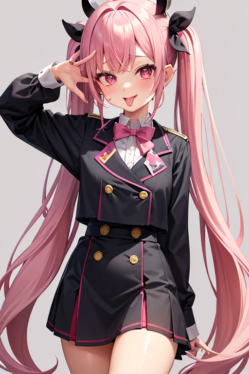 Twin tails、Pink Hair、Wavy Hair、Slanted Eyes、pretty girl、Spoiled brat、Little devil、Thin chest、Sticking out tongue、Long and cute tongue、uniform、Thighs、Sweat
