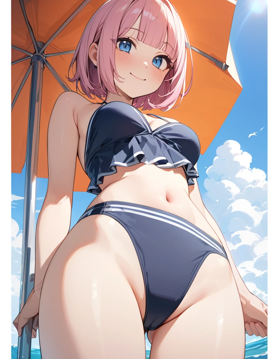 masterpiece, best quality, ultra-detailed, 1girl, pink hair, short hair, ((blunt bangs)), flipped hair, (jitome), {bikini}, Blue eyes, Medium chest、slim、Thin thighs、Cowboy Shot、smile 、Midsummer Sea、blue sky、from below