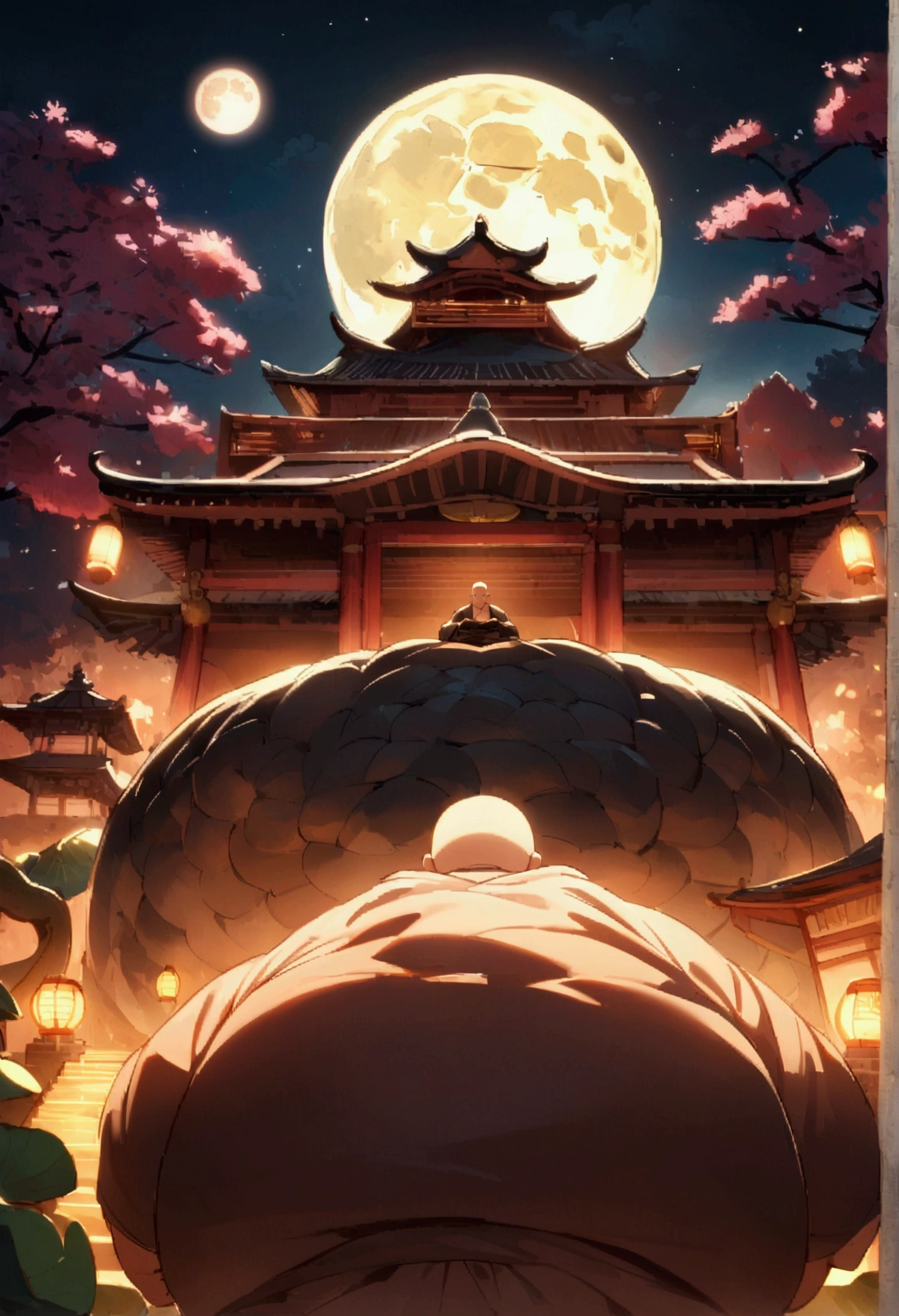 A slightly overweight One Punch Man monk, A slightly overweight monk, Cherry blossom temple garden at night, Full moon and lotus, close your eyes、Dragon God、The Buddha is watching、Hunter、4K