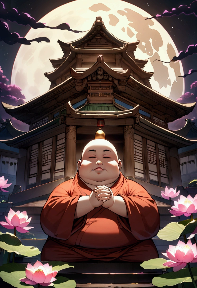 A slightly overweight One Punch Man monk, A slightly overweight monk, Cherry blossom temple garden at night, Full moon and lotus, close your eyes、Dragon God、The Buddha is watching、Hunter、4K