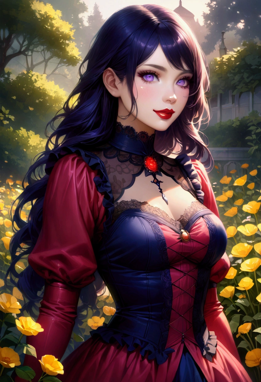 (absurdres, highres, ultra detailed), masterpiece, hinata(boruto), ((solo)), 1girl,medium breasts, long purple victorian style dress, closed mouth, (((long hair))),standing, the bodice and the skirt pattern, frill skirt, lace, blink blink effect, (((detailed lips))), garden, pink and yellow flowers, ((realistic skin)), glowing skin, ((glossy red lips)), purple eyes, portrait, beautiful, smile, (((dark blue hair))), bust crop, normal skin