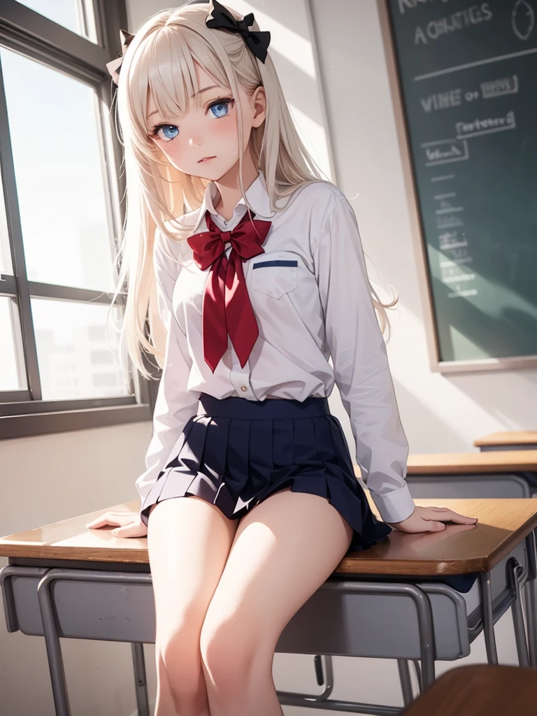 1 girl, 16 years old, Dynamic pose, Dynamic Angle, Arrange Poses,Top quality work，Show off your legs，(Long white hair),(blue eyes), Rose Cheeks, Pretty face, Perfectly balanced face, School white shirt with red bow and black skirt, (School uniform), (School white shirt), White Stockings，School, In the classroom,  round small breasts