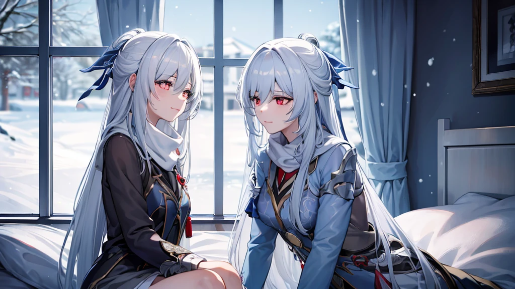 masterpiece, best quality, JingliuV5, 2girls, white hair, long hair, red eyes, white dress, white sailor collar, white scarf, sitting on bed, indoors, bedroom, windows, blue sky, winter, snow, warm smile, upper body. closed mouth,