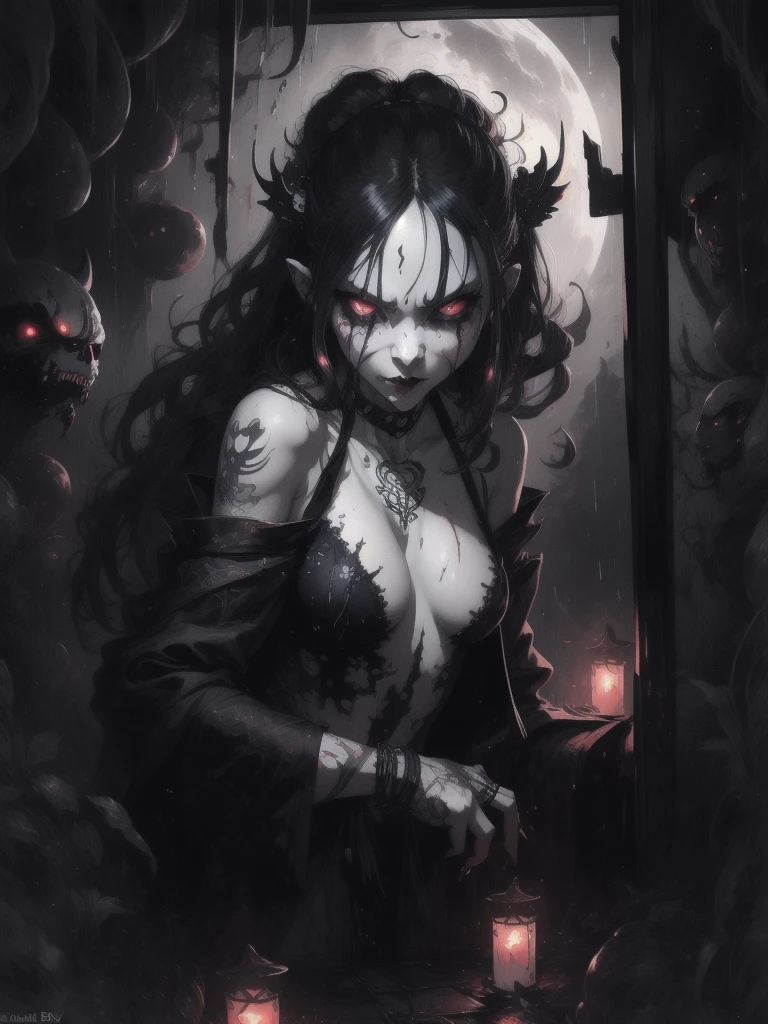 In Anime-art style, pixiv, masterpiece, 1 girl, (Close-up:1.1),Very Close to the Viewer( only half of the face is visible), soft lighting, Bloody sky, bloody environment, bloody rain, dark silhouettes, красный blood vibe, red vibe настроение, red like your blood, vampire life, Gothic, mysterious facial expressions, tattoos, aesthetics, rings and finger rings, web, head covered with dark cloth, Vampirism, на заднем фоне dark silhouettes, the character is closer to the viewer, видно только one eye, Focus on the character, Close-up, symbolism, a ritual, mirrors and paintings in the background, reflections, on the avatar, Dark art style, Blood runs down his face, portrait, leader, leads the concept, silhouettes behind, chaos, the weather is terrible, someone is spectating on her, DALLE, Close-up больших демонических глаз, сложные eyes, Unique Demon Ghouls, These images feature a dark, anime-style warrior with intricate tattoos and glowing red eyes, holding a blood-stained katana. The background includes a moonlit scene with shadowy samurai figures and a mysterious reaper, balanced to give equal focus to both the warrior and the background elements, creating a masterpiece, Digital art, city on the skyline, dark lighting, permission 1:1, blond hair, kimono, katana, Shanghai, nails painted black, in detail, moon and shadows, eyes, в eyesх отражение битвы, mysticism in the background, split personality, в eyesх готовится к битве, необычные eyes, scene, add more details, dark, fingers are proportional, serious look, holding a katana in his hands, only half of the face is visible, dystopia, night lighting, motion blur, красная и кровавая aesthetics, one eye, Close-up