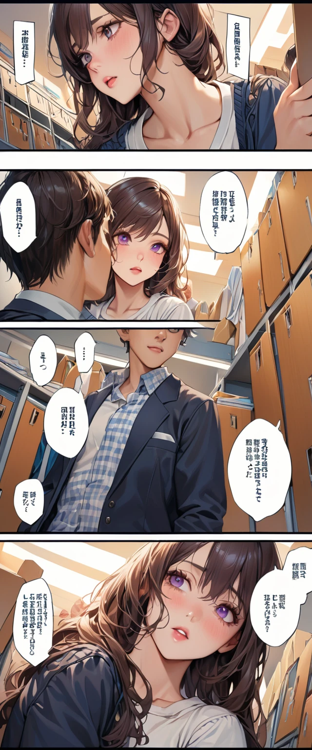 (best quality,ultra-detailed,realistic:1.37),humor,comic style,bold lines,vibrant colors, (Angle from below:1.3), Romantic comedy, high school (couple:1.2) getting along in a school locker, packing tightly, A boy and a girl face each other in close contact, Crowded, (Summer clothes shirt:1.2), the girl was not wearing a blazer, but a blouse and ribbon, and a pleated checked miniskirt.