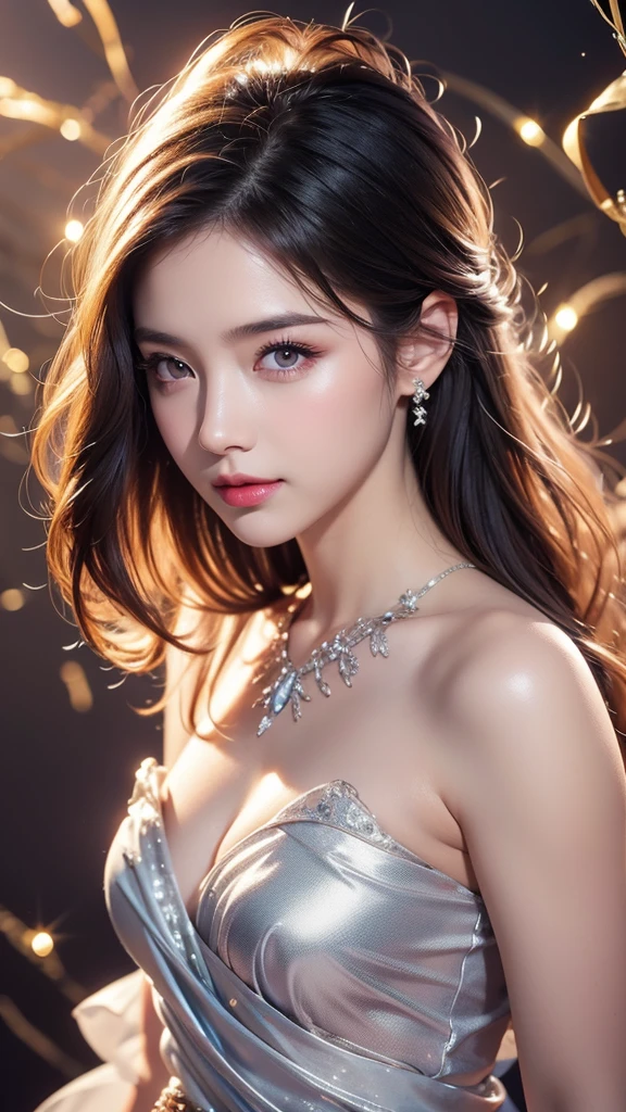 High quality work,Realistic works,Extremely premium graphics,8K HD CG ทำงาน,High quality graphics,High-resolution and exquisite CG work,10x pixels,Very detailed details:1.1,Advanced technical details:1.1Realistic photo effects,light effectภายใน:1.5,Soft, natural light:1.5. light effect(light effectเสมือนจริง:1.8),Ultra high resolution,shining dress,long shiny hair,silver hair,Transparent Hair,Highly detailed hair(Quality hair details:1.1)Clear eyes,Double eyelids look good.,Sharp eye makeup, Create beautiful eyelashes., Thin eyebrows, Highly detailed eyes,high nose, cute red lips, rosy cheeks, With delicate makeup on her face , beautiful face, The face shape is perfectly proportioned.,(Advanced facial details:1.1)black hair, gradient hair, There is a precious gem on his forehead., Rimless glasses, Mouth cover, sparkling student,Long eyelashes, smile, realismแบบไฮเปอร์, movie light, Projected Inset, Surrealism, Hyper HD, Masterpiece, 16ก,lie down,Keep dreaming,Wear transparent silk pajamas,tangled,Also tattooed,fantasy space,luxury space, ,women's artwork,Full dress up video,realism,Amazing cleavage,Today my eyes are very bright.
