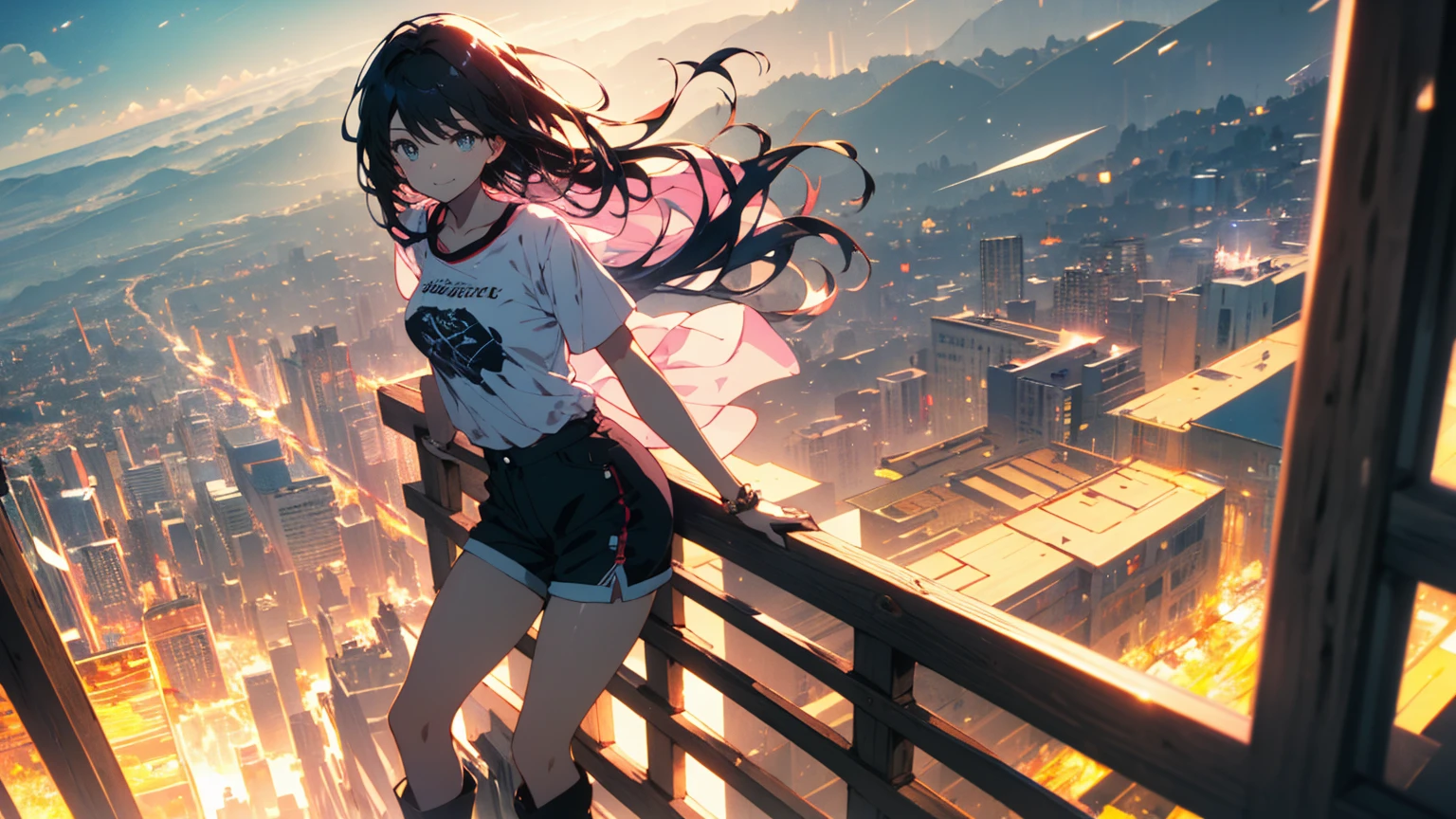 (Highest quality、masterpiece、High resolution、detailed)、(Shining Eyes、detailed美しい顔)、1 Girl、(T-Shirts,Shorts),smile,short boots,outskirts、Slope background、Beautiful Anime