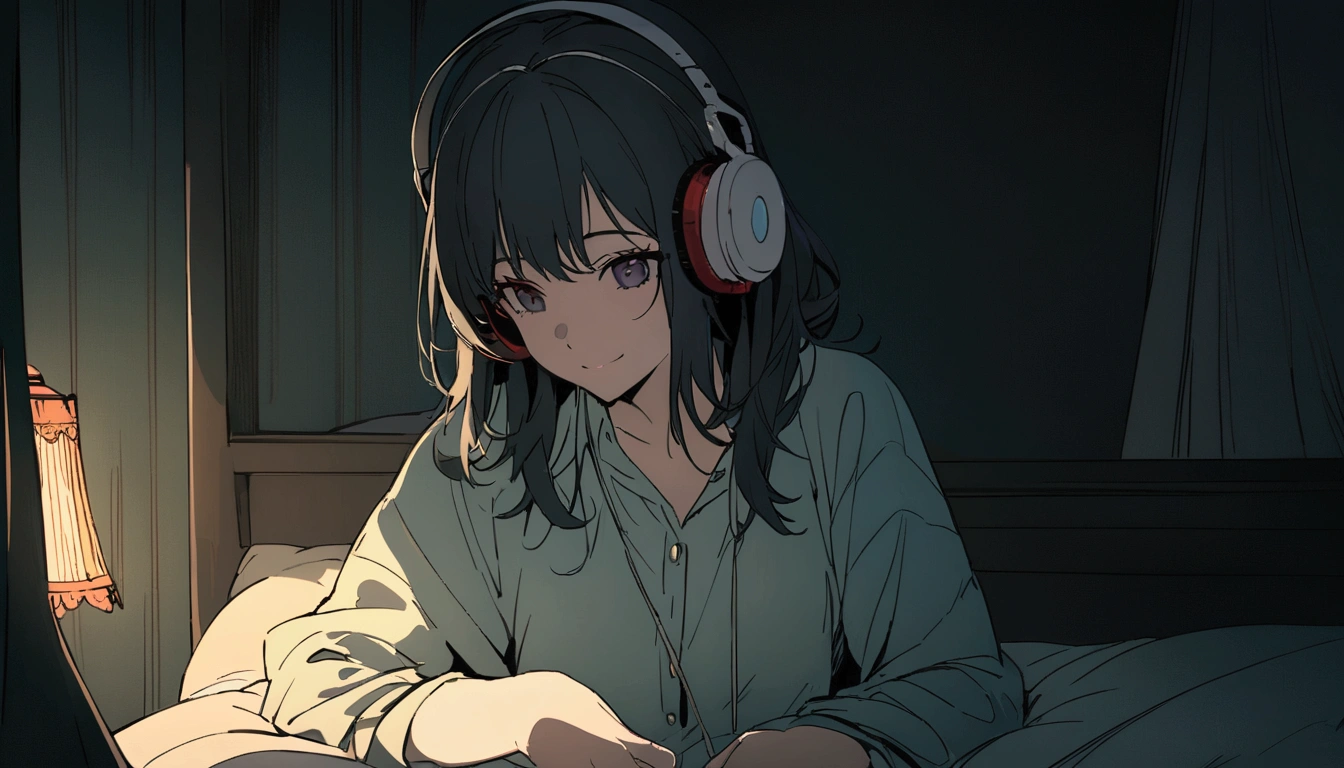 masterpiece, Highest quality, Movie stills, 1. Adolescent Female Wailing Headphones , frontage， Black Hair,In the bedroom，Background of Details， bright, Dark and eerie environment，A ray of light, She is smiling,