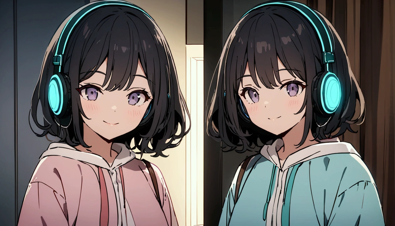 masterpiece, Highest quality, Movie stills, 1. Adolescent Female Wailing Headphones , frontage, Black Hair,In the bedroom,Background of Details, bright, Dark and eerie environment,A ray of light, She is smiling,