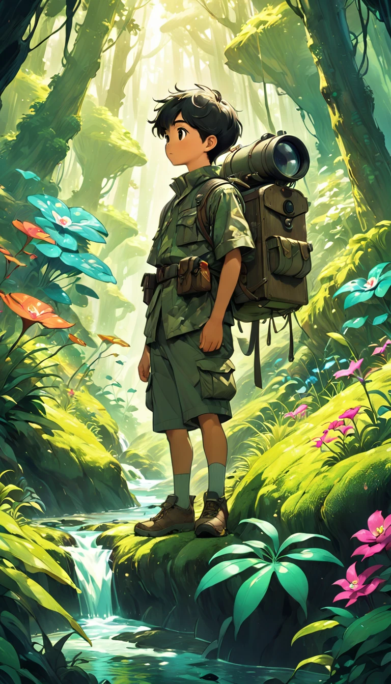 Close-up of a boy wearing expedition camouflage clothing and carrying a backpack and binoculars standing in the deep mountain jungle, Beautiful light and shadow in deep forest exploration, Strange flowers, exotic grasses, mountain streams, Ghibli art style, Studio Ghibli illustrations, studio Ghibli art style, very beautiful cute , Ghibli art style, Lovely digital painting, Ghibli inspiration, Studio Ghibli Art, 