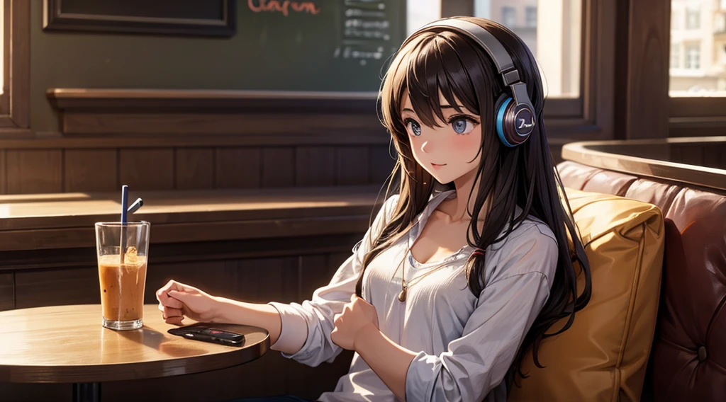 Girl with headphones enjoying music in a cafe I am studying Emphasize a little bit of the chest
