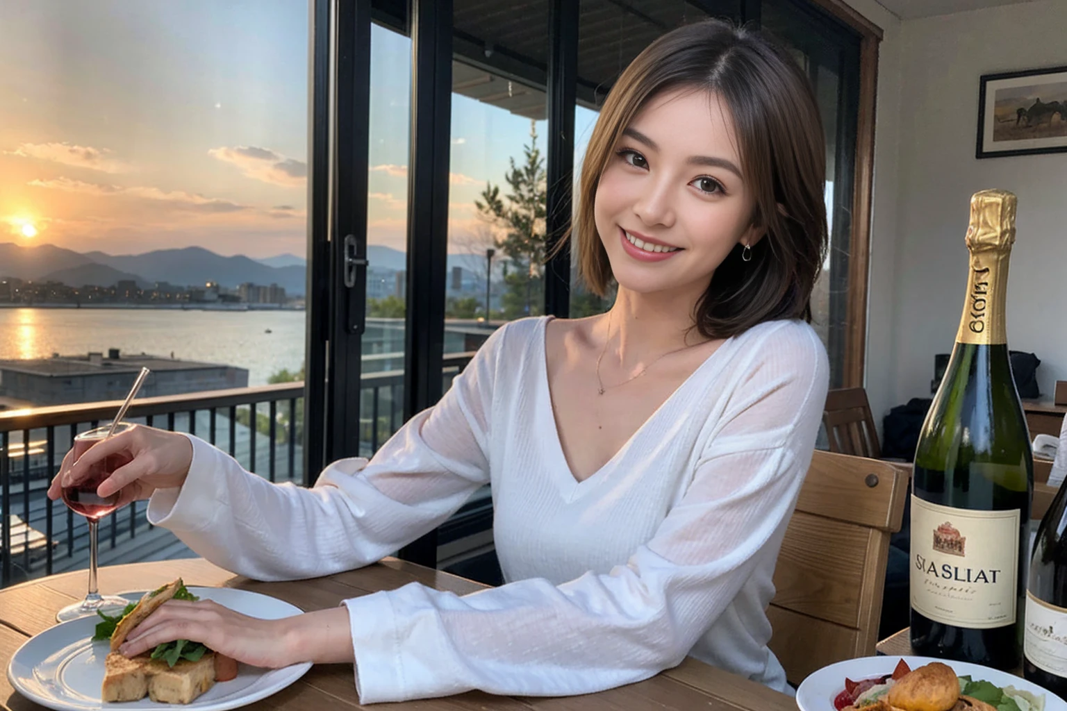(Realistic:1.1),(masterpiece,Highest quality),8k,(45 years old), 42 years old, slimカップル、Model Couple、actress/actor、Tight waist,Upper Body,full-course dinner、wine 、Amazing view of the sunset sky and clouds、Perfect Anatomy, Brown Hair, short hair,Random Hairstyles,((Highly detailed face and eyes:1.2))(cute顔:1.4),美しいactressの顔,Perfect golden ratio face,Long sleeve shirt、dress,(smile:1.2)、Shortcuts、cute、(Realistic, Intricate details:1.2), A bright smile、short hair,Bright Face、赤wine 、Appetizers、Italian food、wine bottle、Champagne、スパークリングwine、(slimな顔), (The body is slim), (Brown Hair), (Shortcuts), Upper Body, 白wine, slim, wineグラス,