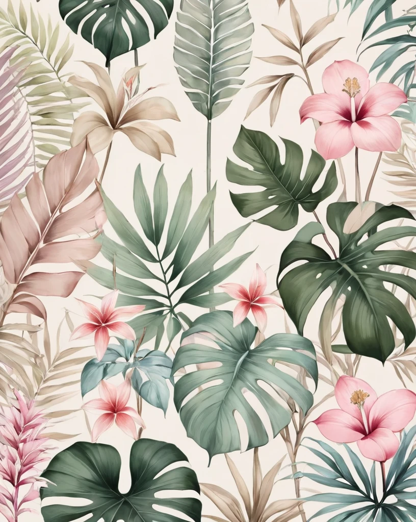 Flora Print,Soft beige,pink pastels, Tropical plants, high', you are very special', It is like you', there is no equal', Joana & Ana', flat illustration, maximalism,bright color scheme