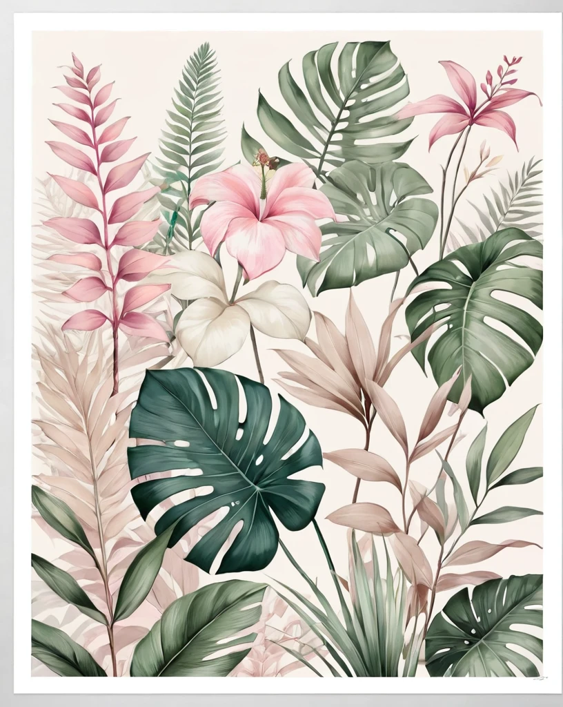 Flora Print,Soft beige,pink pastels, Tropical plants, high', you are very special', It is like you', there is no equal', Joana & Ana', flat illustration, maximalism,bright color scheme