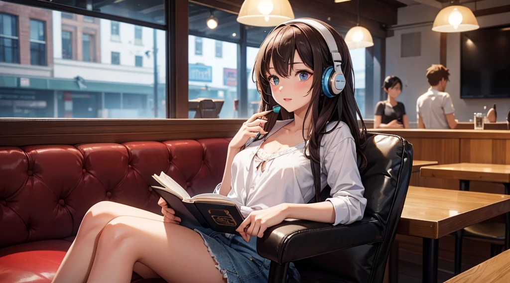 Girl with headphones enjoying music in a cafe I am studying Emphasize a little bit of the chest