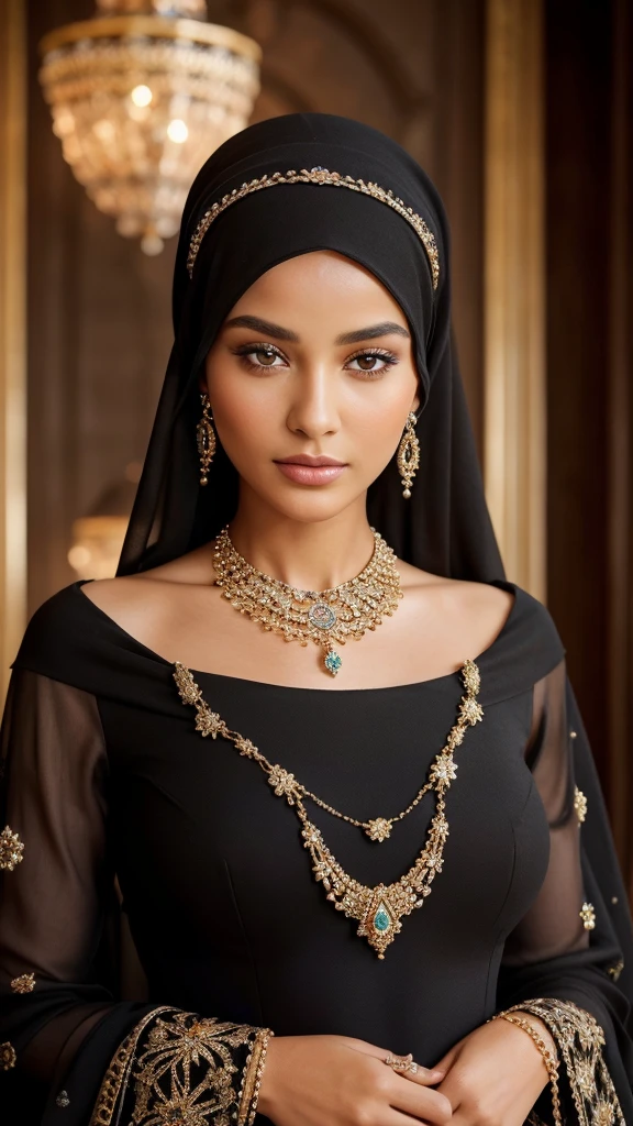 Arafe woman wearing a hijab and an elegant necklace, adorned with exquisite jewelry featuring intricate details. She is dressed in elaborate, bejeweled costumes, captured from the front with a close-up portrait. Her jewelry is black and crafted with meticulous attention to detail, including hand jewelry. The photo showcases her complex beauty with ultra-realistic, high-resolution quality. Her beautiful face has realistic eyes and skin, highlighted by fine, brown hair styled elegantly. The background is black, emphasizing her detailed face and exquisite jewelry. She is wearing a big floral mini dress, enhancing the elegance of the overall composition.