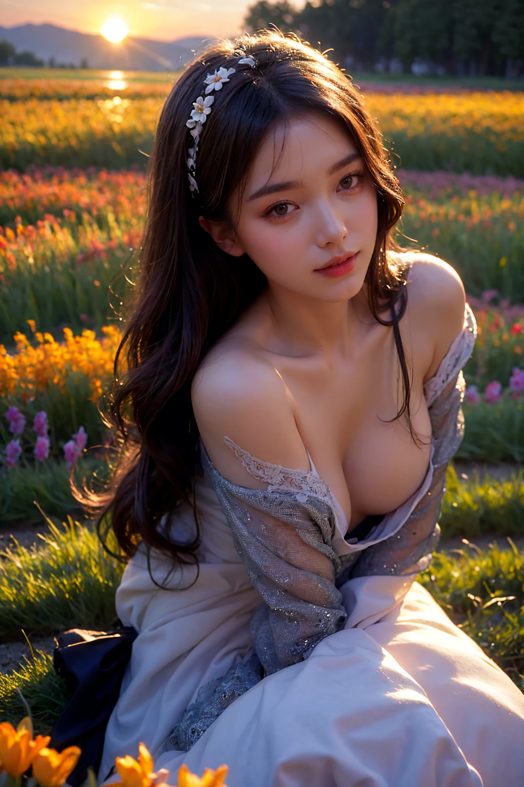 Masterpiece, Highest quality, 1 woman, alone, 20 years old, beautiful korean girl, (Beautiful and delicate eyes), long hair, brown hair, Smooth, flat, , calm expression, Soft, natural light, delicate face, charming human face, Smiling eyes, Open your lips., looking at the audience, normal body structure, Correct proportions, perfect hand, (wear summer clothes),  model poses,  figure, The skin sweats., Film texture, The rift is revealed., TRUE, (At sunset in the flower field:1.3)