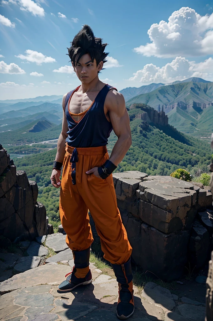Goku's full body (from Dragon Ball), black hair, wearing a Super Saiyan outfit like Vegeta, standing in awe, on a cliff with a tall mountain behind, character design in a cartoon style. Ender Octane More realistic than expected, extreme characters, extremely realistic characters. on a blue background