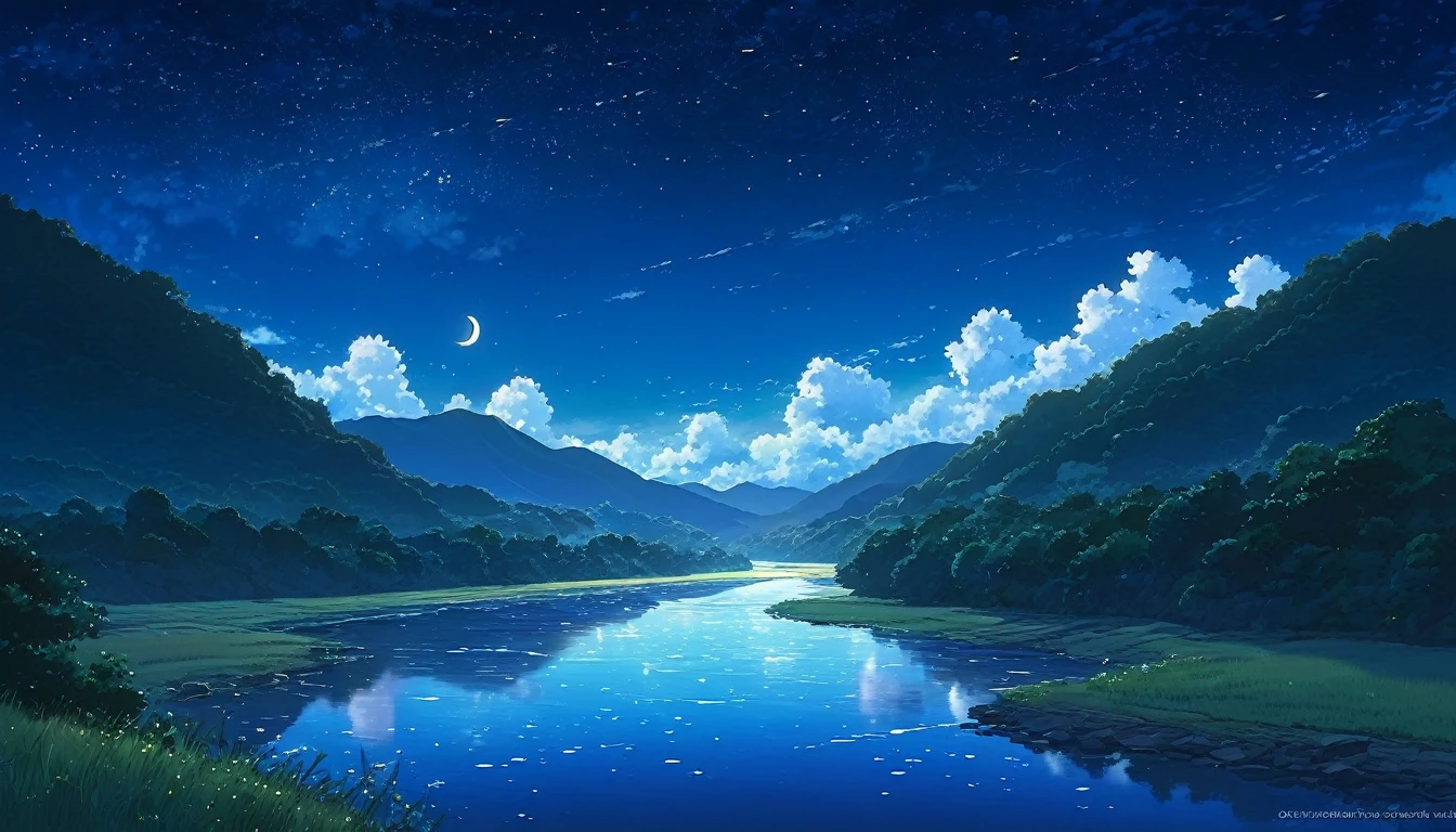 A painting of a river, stars and the moon in the sky, In bright colors, by makoto shinkai. Concept art inspired by Mitsuoki Tosa, pixiv Contest Winner, Highest quality, Fantasy art, Beautiful anime scene, Golden Moon, No humans, Starry Sky, scenery, cloud, Shine, the scenery of night landscapes, Mountain, Rivers. Bright Moon, Starry Sky environment under the moonlight, Dream Painting, Fantasy Landscape Painting, A dreamlike night, Anime Background, Background artwork, Dreamy Art, Atmospheric anime, Starry Sky, Detail enhancements.high resolution,reality,Emotional,beautiful,Transparency,Real