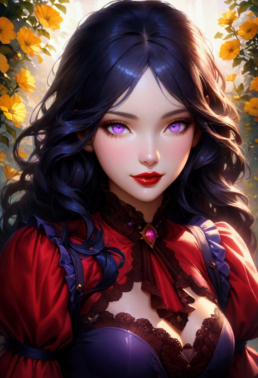 (absurdres, highres, ultra detailed), masterpiece, hinata(boruto), ((solo)), 1girl,medium breasts, long purple victorian style dress, closed mouth, (((long hair))),standing, the bodice and the skirt pattern, frill skirt, lace, blink blink effect, (((detailed lips))), garden, pink and yellow flowers,  ((realistic skin)), glowing skin, ((glossy red lips)), purple eyes, portrait, beautiful, smile, (((dark blue hair))), bust crop, normal skin