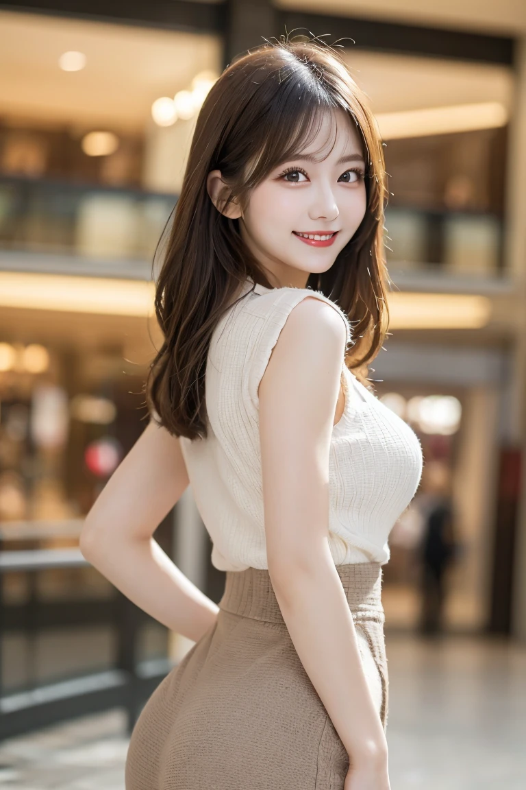 Shopping mall , Highest quality, shape, Very detailed, In detail, High resolution, 8k wallpaper, Perfect dynamic composition, Beautiful details, Natural Lip, Too cute outfit, Big Breasts, , She is smiling in a cute pose.., A masterpiece of the whole body, Side Short