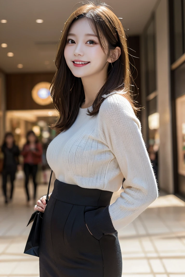 Shopping mall , Highest quality, shape, Very detailed, In detail, High resolution, 8k wallpaper, Perfect dynamic composition, Beautiful details,  Natural Lip, Too cute outfit, Big Breasts, , She is smiling in a cute pose.., A masterpiece of the whole body, Side Short
