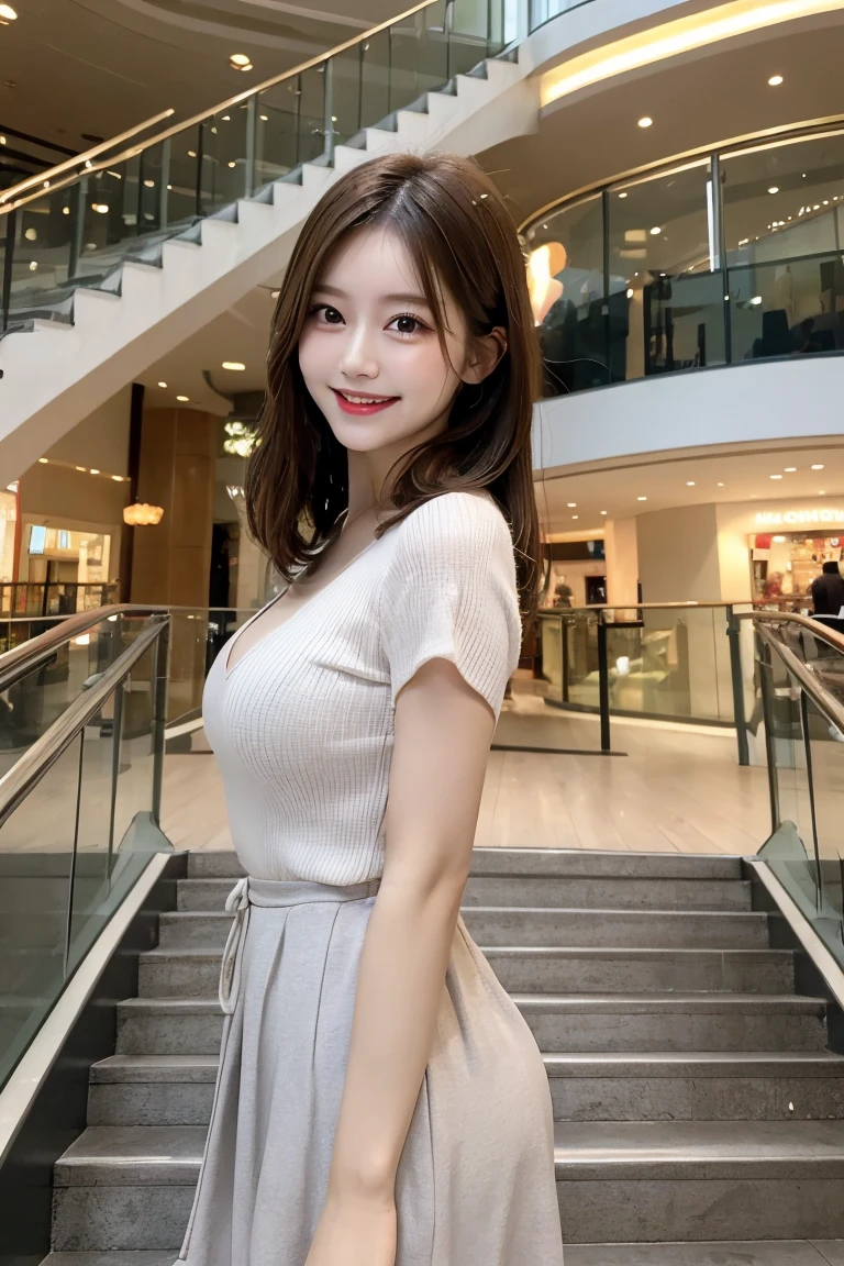 Shopping mall landing stairs , Highest quality, shape, Very detailed, In detail, High resolution, 8k wallpaper, Perfect dynamic composition, Beautiful details,  Natural Lip, Too cute outfit, Big Breasts, , She is smiling in a cute pose.., A masterpiece of the whole body, Side Short