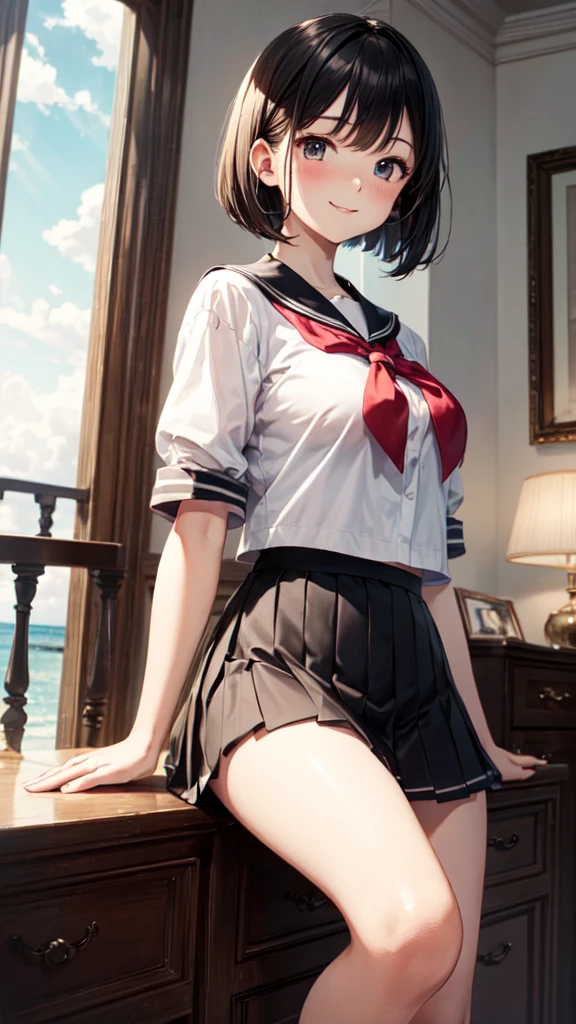 very cute and beautiful girl,(Very detailed美しい顔),Sailor ,(black pleated mini skirt),
(Skirt Lift,White panties),(smile),blush,View your viewers,Black hair bob cut,Big Breasts,
Antique hotel bedroom,Luxury furniture,balcony,Ocean View,
(Highest quality,masterpiece:1.2),Absurd,High resolution,Very detailed,Very detailed,32K,8k resolution,
Intricate details,Movie Scenes,Detailed Background,alone,Dynamic Angle,
Natural light,Hair blowing in the wind,Beautifully detailed skies,