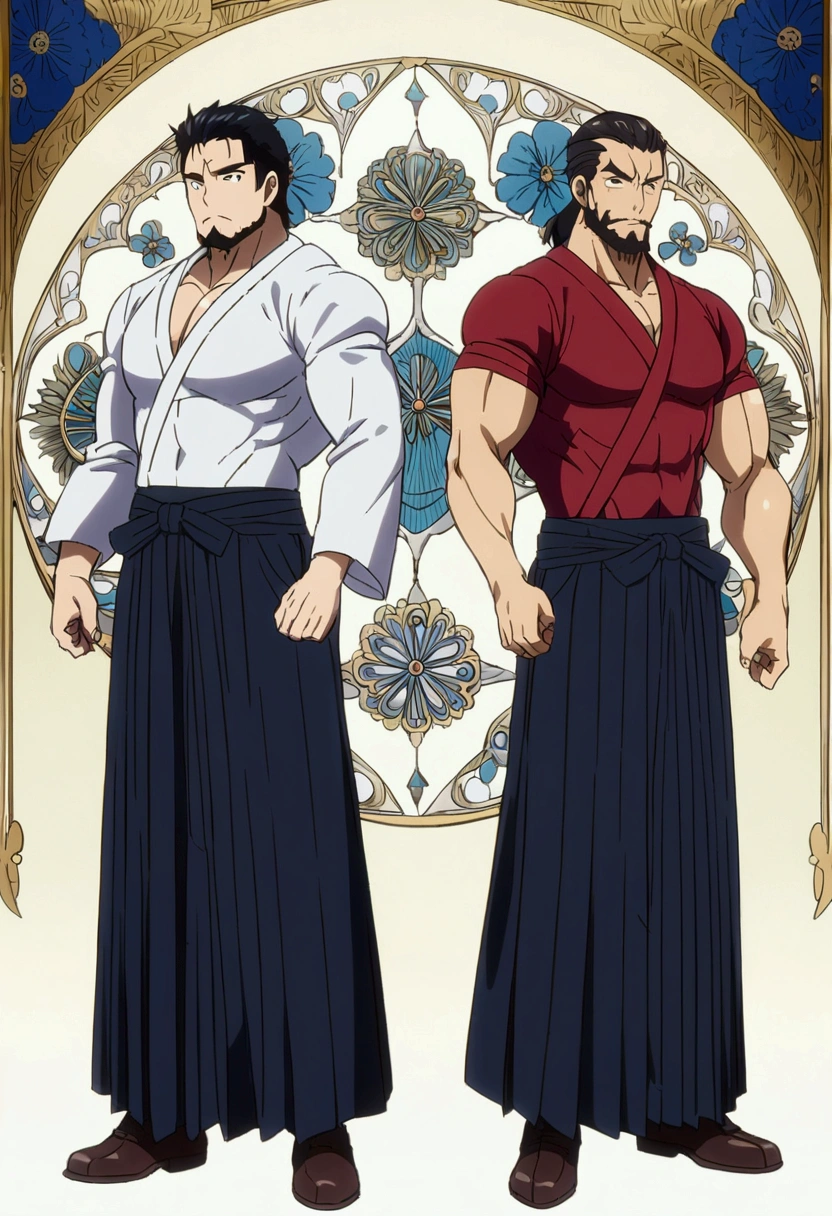 Muscular Physique、male、40s、Bearded、Hakama、anime colored