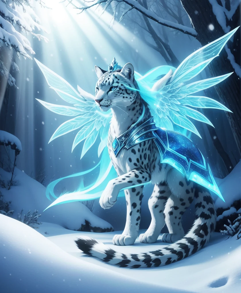 anthro Female adult quadrupedal feral snow leopard with blue eyes wearing blue and silver armor and a tiara in a snowy forest with ice magic. full body (smile), (glow, god rays, ethereal, dreamy, heavenly, otherworldly, dream-like, breathtaking, captivating, divine) illustration, hand-drawn, bold linework, anthro illustration, cel shaded, 4k, fine details, masterpiece