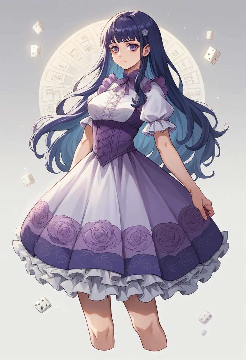 (absurdres, highres, ultra detailed), masterpiece, hinata(boruto), ((solo)), 1girl,medium breasts, long purple victorian style dress, closed mouth, (((long hair))),standing, the bodice and the skirt pattern, frill skirt, lace, blink blink effect, (((detailed lips))), garden, pink and yellow flowers,  ((realistic skin)), glowing skin, ((glossy red lips)), purple eyes, portrait, beautiful, smile, (((dark blue hair))), bust crop, normal skin