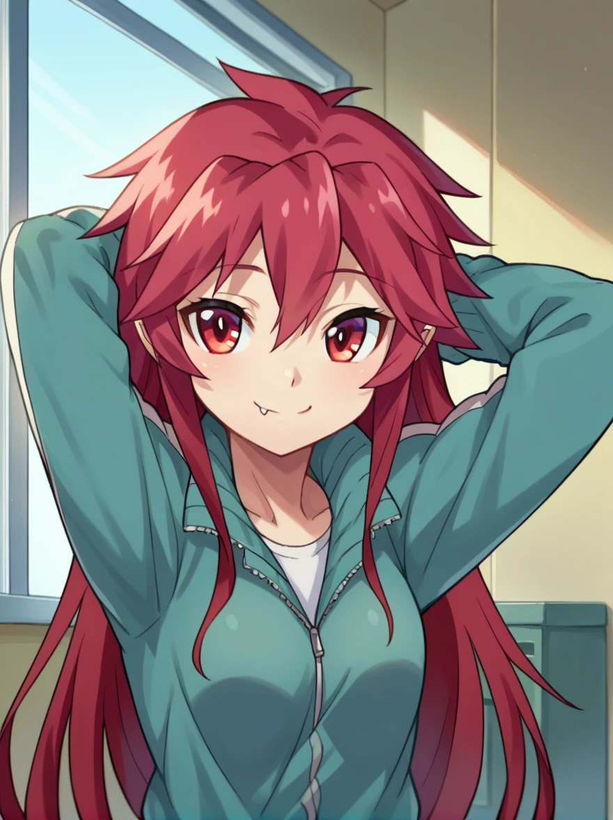 score_9, score_8_up, score_7_up, source_anime, 1girl, solo, 
mari setagaya, human-form, 1girl, solo, long hair, looking at viewer, smile, shirt, red eyes, red hair, fang,
track jacket, indoors, arms behind head,