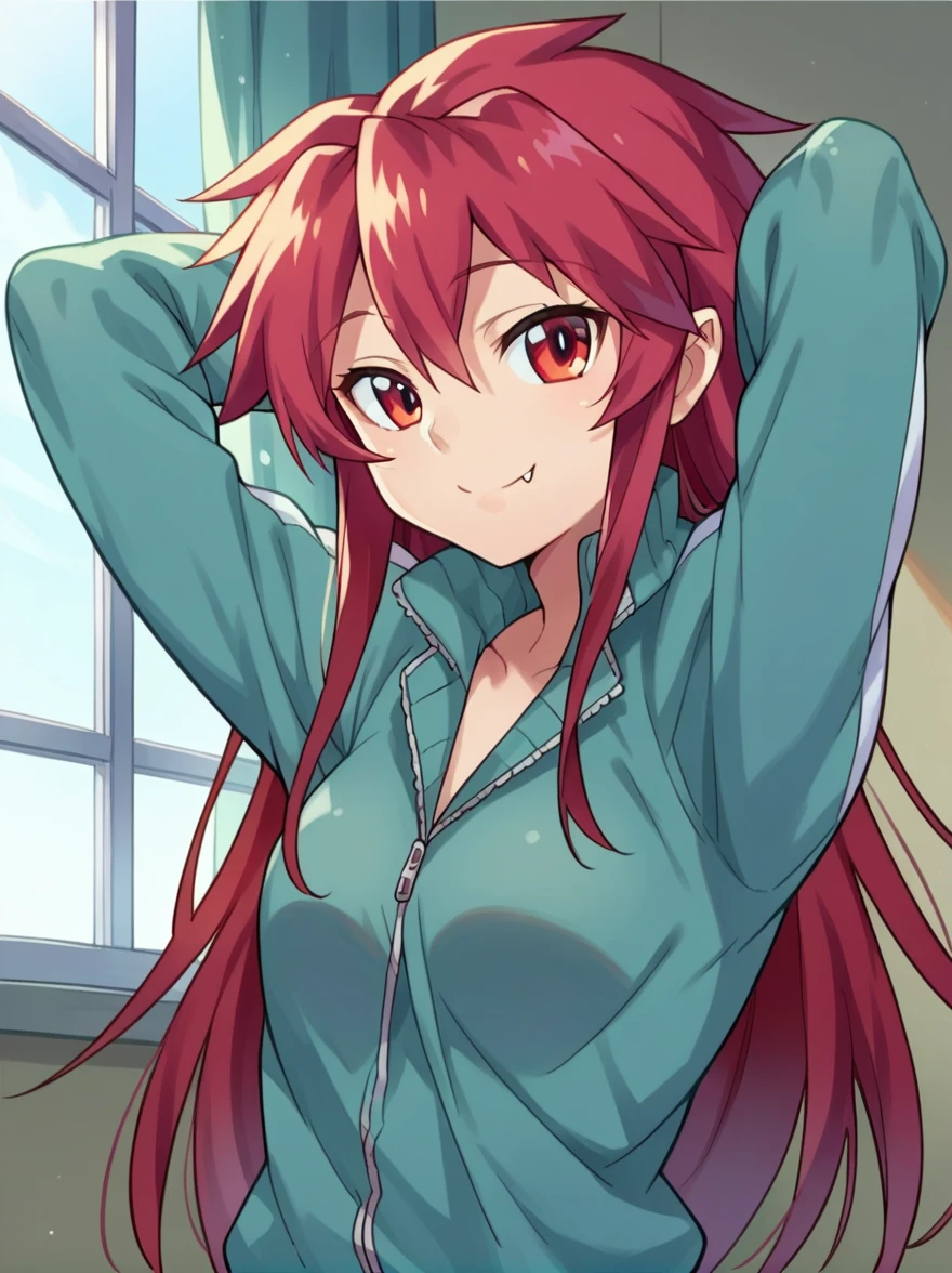 score_9, score_8_up, score_7_up, source_anime, 1girl, solo, 
mari setagaya, human-form, 1girl, solo, long hair, looking at viewer, smile, shirt, red eyes, red hair, fang,
track jacket, indoors, arms behind head,