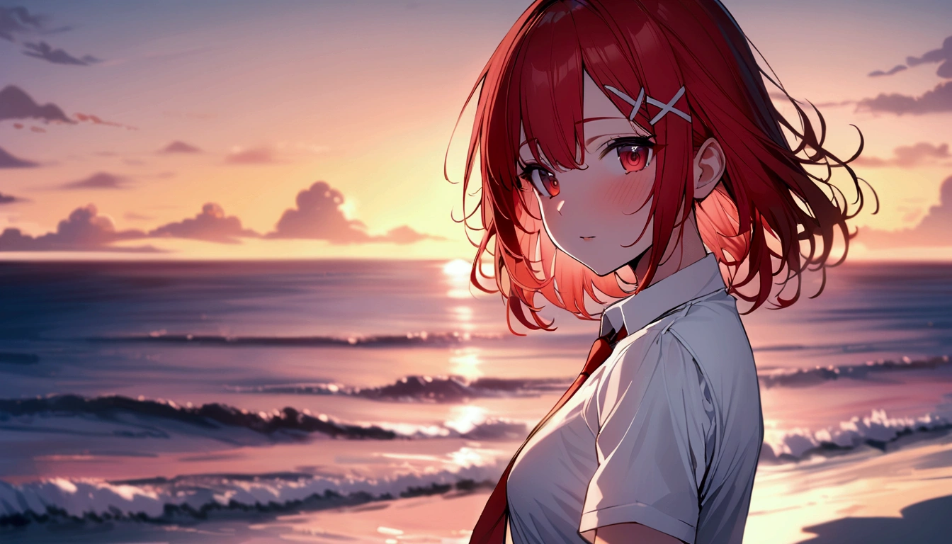short hair, (Red hair:1.2), x Hair ornament, Red eyes,tie, girl,One person, Collared shirt, White shirt, Short sleeve, Pleated skirt, student, Highest quality, masterpiece, High resolution,summer、Sunset、sunset、Ocean岸、Ocean