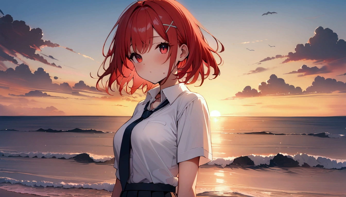 short hair, (Red hair:1.2), x Hair ornament, Red eyes,tie, girl,One person, Collared shirt, White shirt, Short sleeve, Pleated skirt, student, Highest quality, masterpiece, High resolution,summer、Sunset、sunset、Ocean岸、Ocean
