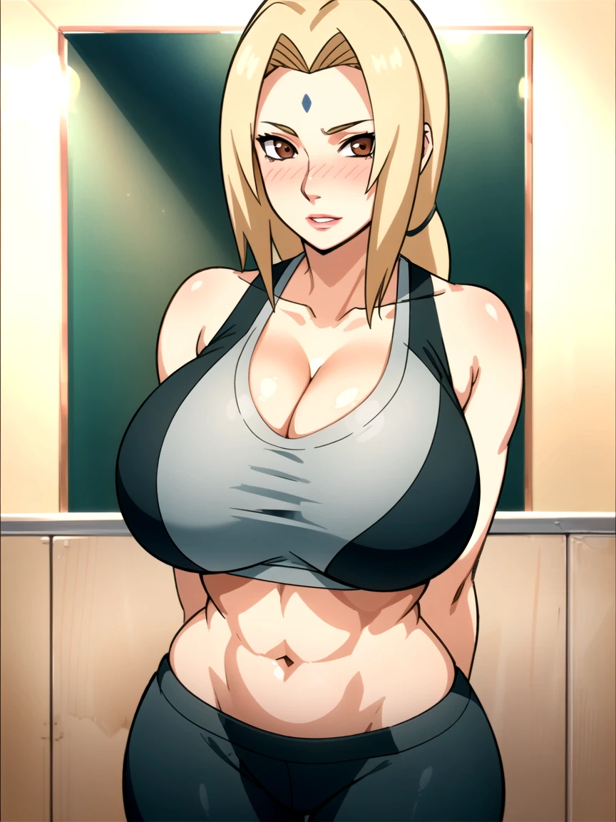 portrait, solo focus, solo, looking at viewer, (parted lips:1.2), (sunlight, bright, sunshine:1.2),((tsunade)), 1 girl,((tsunade milf physique)),(mark on forehead ), long hair, blonde hair, eyes, smile, from front,huge breast huge pelvis thick thighs,((clear details High definition body parts perfect body parts )),(((blush lush blush nose blush blush face ))),(sad expression),((1 girl)),(solo),((front view)),((long distance between viewer)),((standing)),((sports bra:1.5)),((deep cleavage exposing breast)), (sports pant:1.5), slim waist,( curvy figure:1.2), arms behind back, cutout_cleavage,((office background:1.5)),(solo single girl),,(((huge breast)))