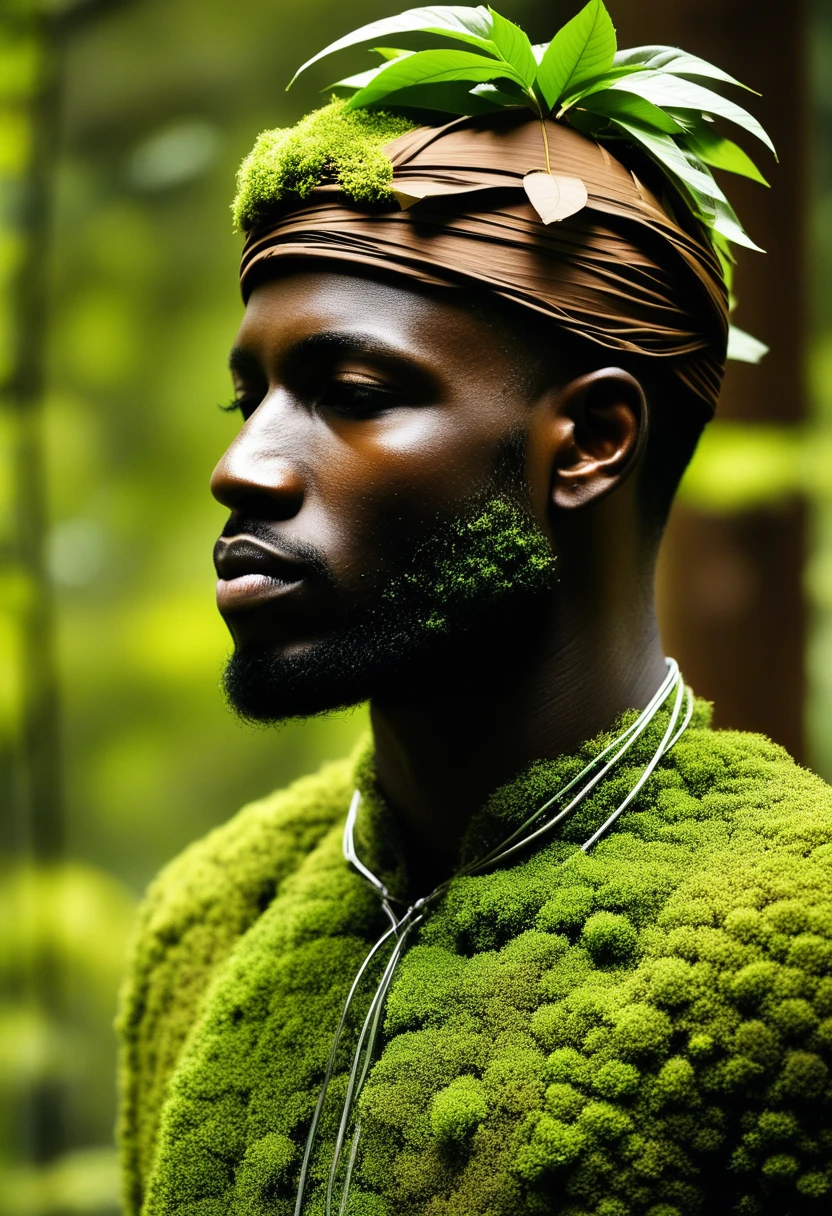 A black-skinned man made of dead plants A man made of fresh plants A man made of fresh plants