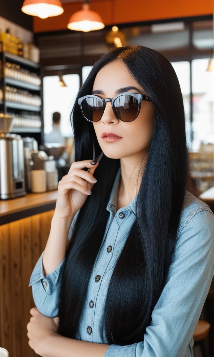 make  the intrior of a coffe shop. inside there is a woman with sunglases with long black hair. she is in a corner sadly waving. 