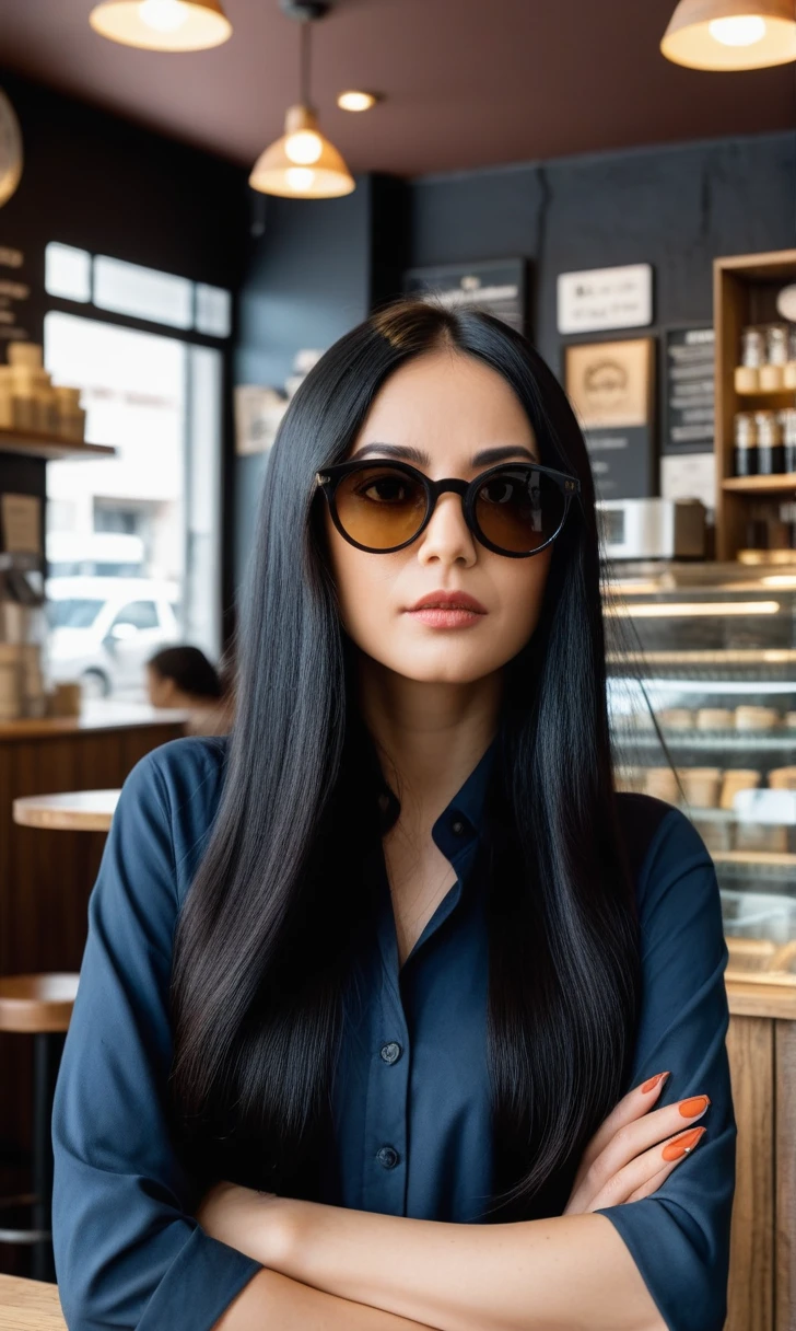 make  the intrior of a coffe shop. inside there is a woman with sunglases with long black hair. she is in a corner sadly waving. 