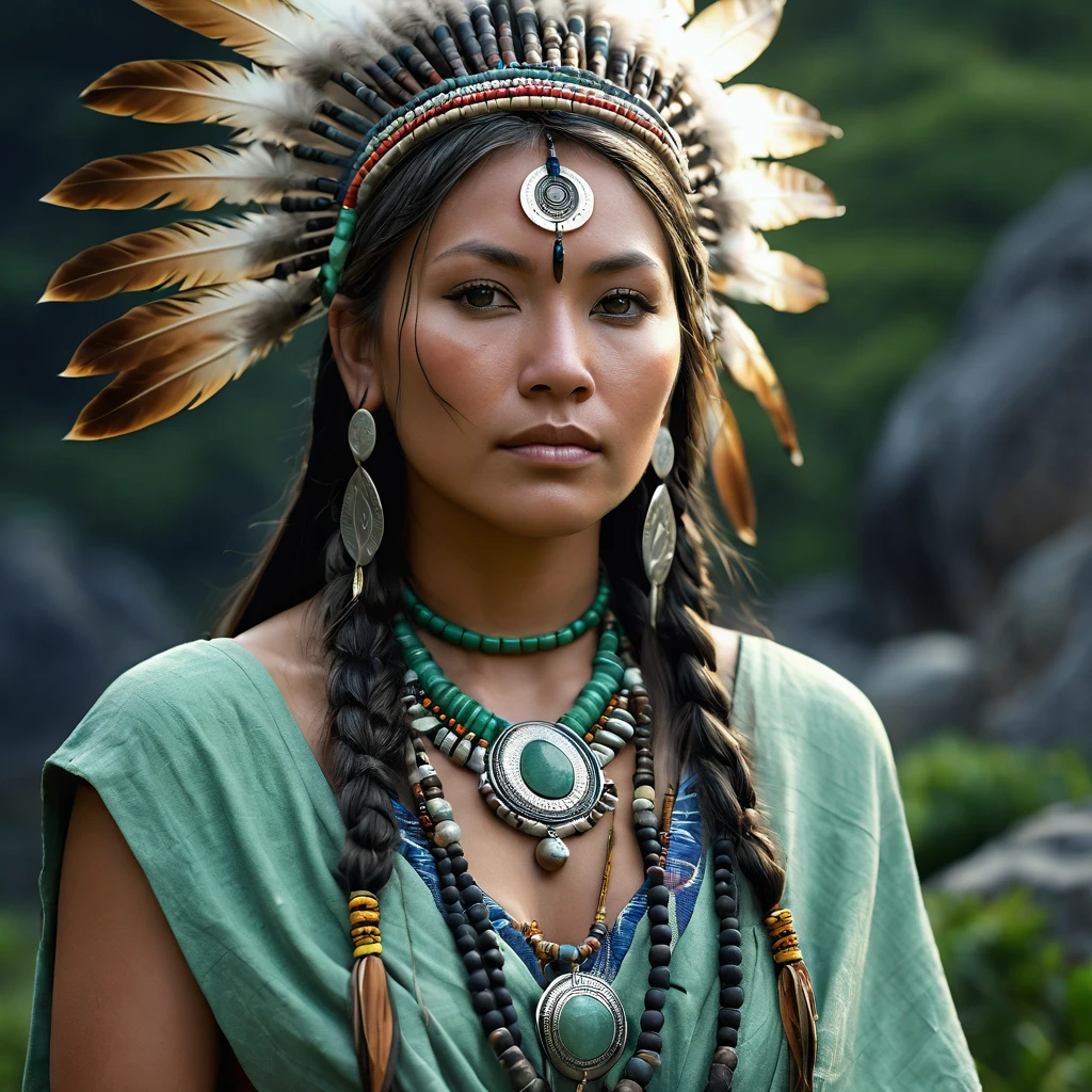 (full portrait), solo, detailed background, detailed face, (stonepunkAI, stone theme:1.1), wise, (female), (native american), (beautiful hair, braids:0.2), shaman, septum piercing, mystical, (gorgeous face), stunning, head tilted upwards, (looking at viewer, serene expression), calm, meditating, Seafoam Green frayed clothes, prayer beads, tribal jewelry, feathers in hair, headdress:0.33, jade, obsidian, detailed clothing, deep cleavage, realistic skin texture, (floating particles, water swirling, embers, ritual, whirlwind, wind:1.2), sharp focus, volumetric lighting, good highlights, good shading, subsurface scattering, intricate, highly detailed, ((cinematic)), dramatic, (highest quality, award winning, masterpiece:1.5), (photorealistic:1.5), (intricate symmetrical warpaint:0.5), smiling and sitting on the green grass and mountains behind